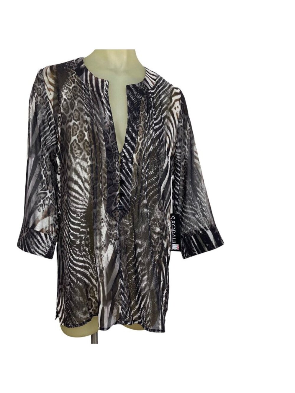 Sao Paulo Brown Animal print top tunic Size Small 36 Semi Sheer Womens New $133